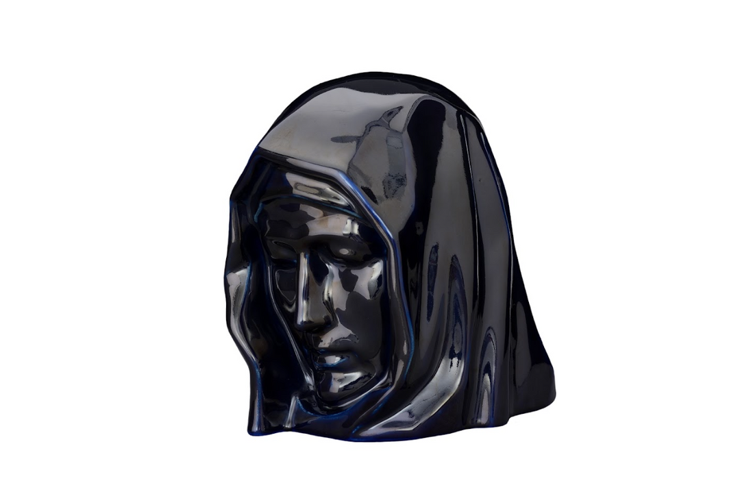 Dark navy glossy Holy Mother urn bust with a veiled face.