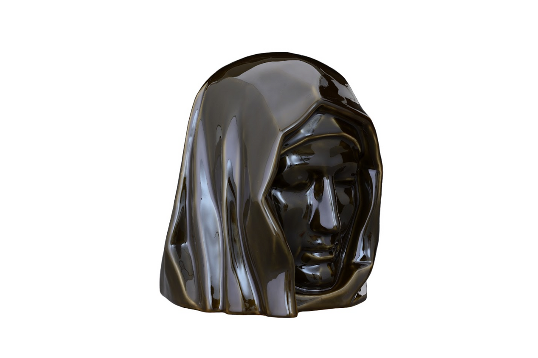 Glossy dark brown Holy Mother urn bust with hooded veil and serene face.
