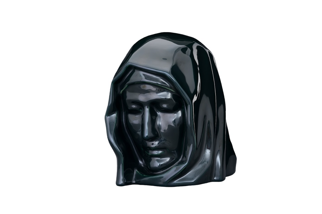 Glossy dark ceramic Holy Mother urn with a flowing veil and solemn expression.