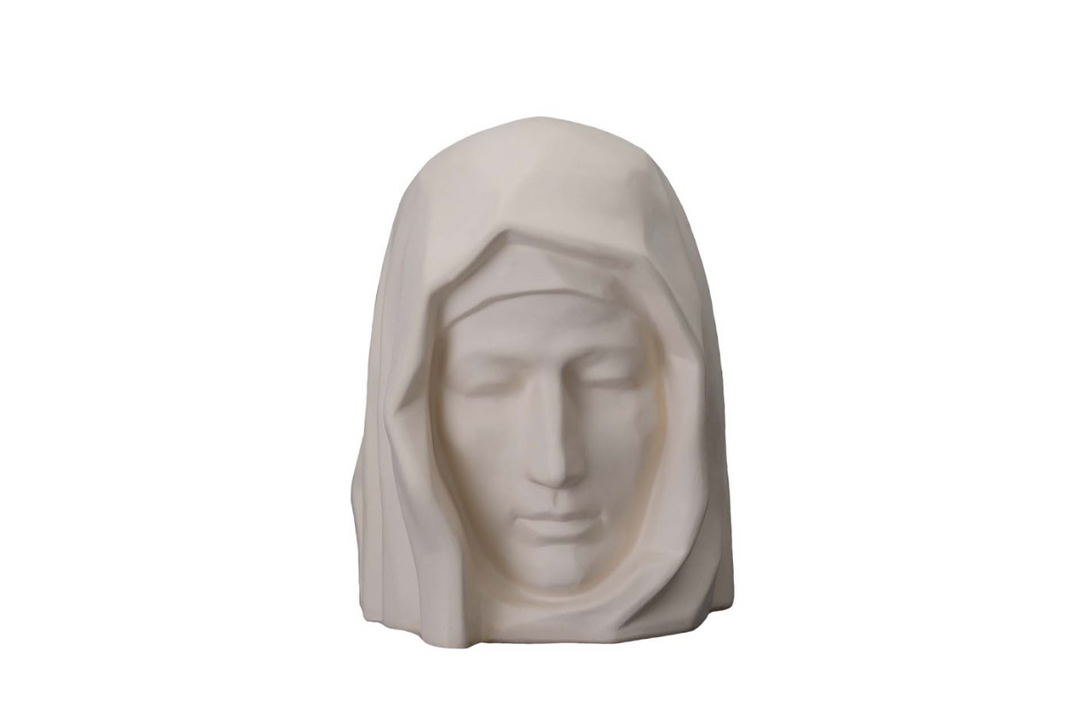 White ivory Holy Mother urn bust with flowing veil and calm expression.