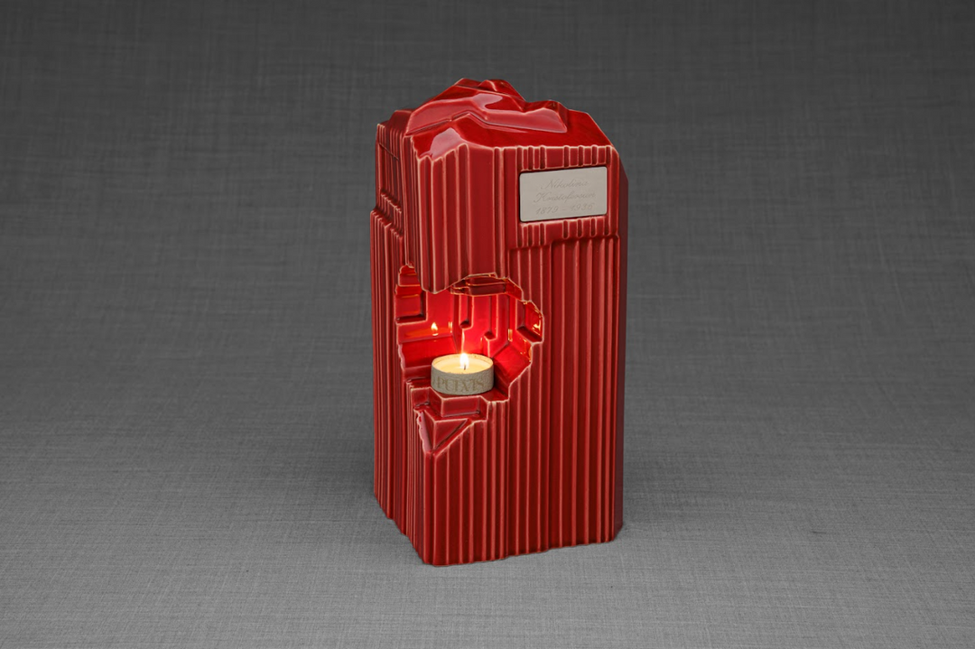 Red Heart Ceramic Urn with candle holder and heart cutout design