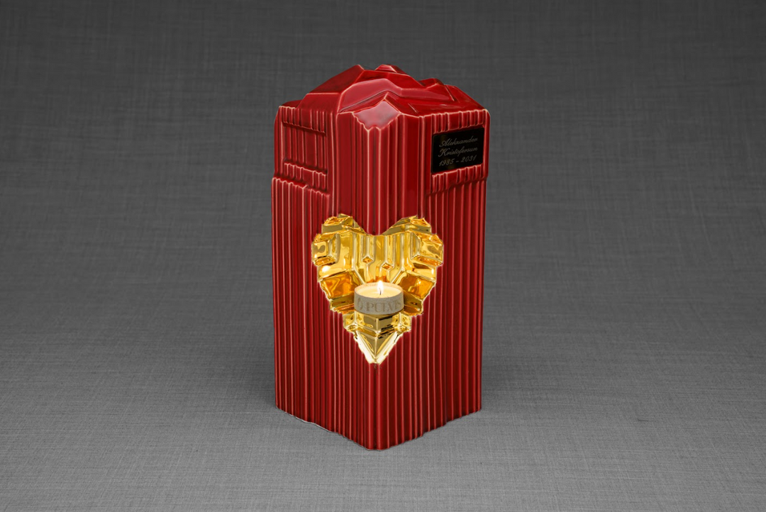 Red Heart Ceramic Urn featuring gold heart accent and engraved plaque on top