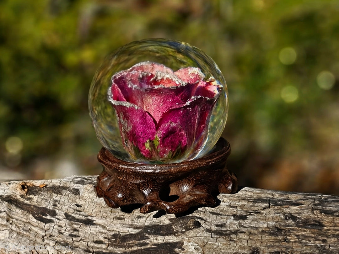 Large Frosted Rose with Wooden Base and Cremation Ashes