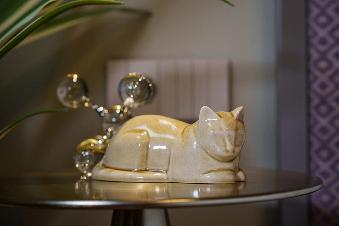 Beige ceramic laying cat urn resting on a table with a lamp in the background