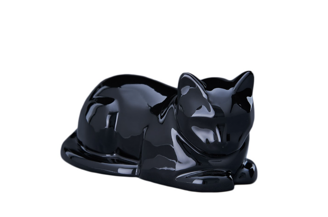 Glossy black ceramic laying cat urn resting on a white surface