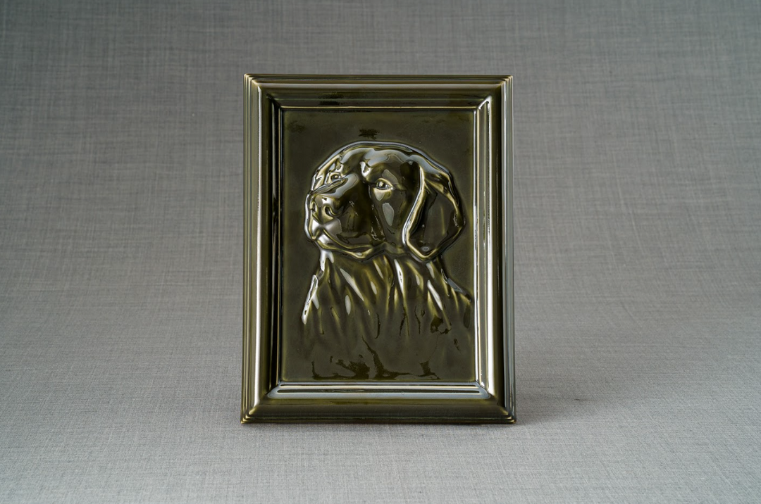 Bronze Labrador head relief on a framed plaque.