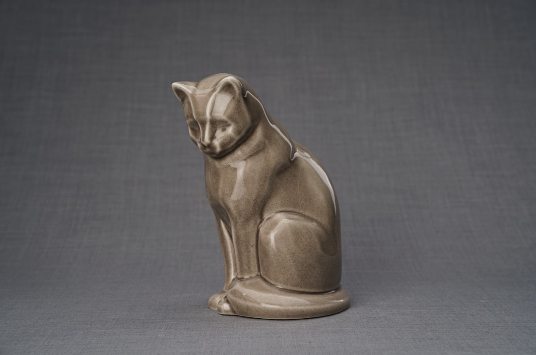 Neko Cat Ceramic Urn in warm beige glaze for memorial display