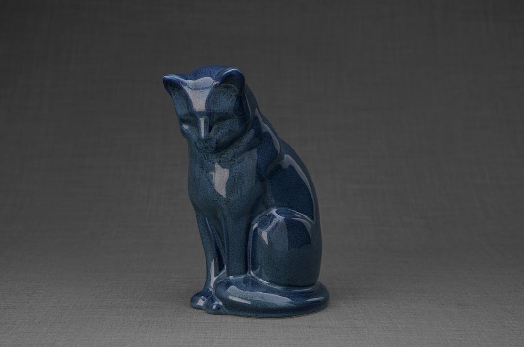 Neko Cat Ceramic Urn in deep blue glaze with glossy finish