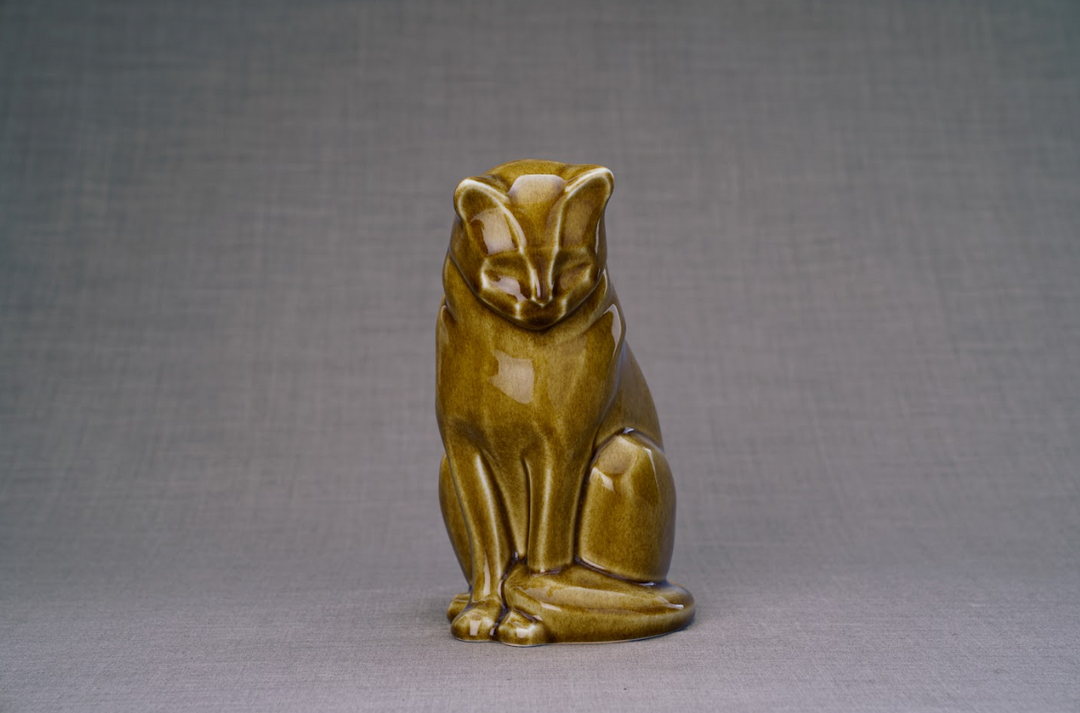 Neko Cat Ceramic Urn in golden brown glaze with glossy ceramic finish
