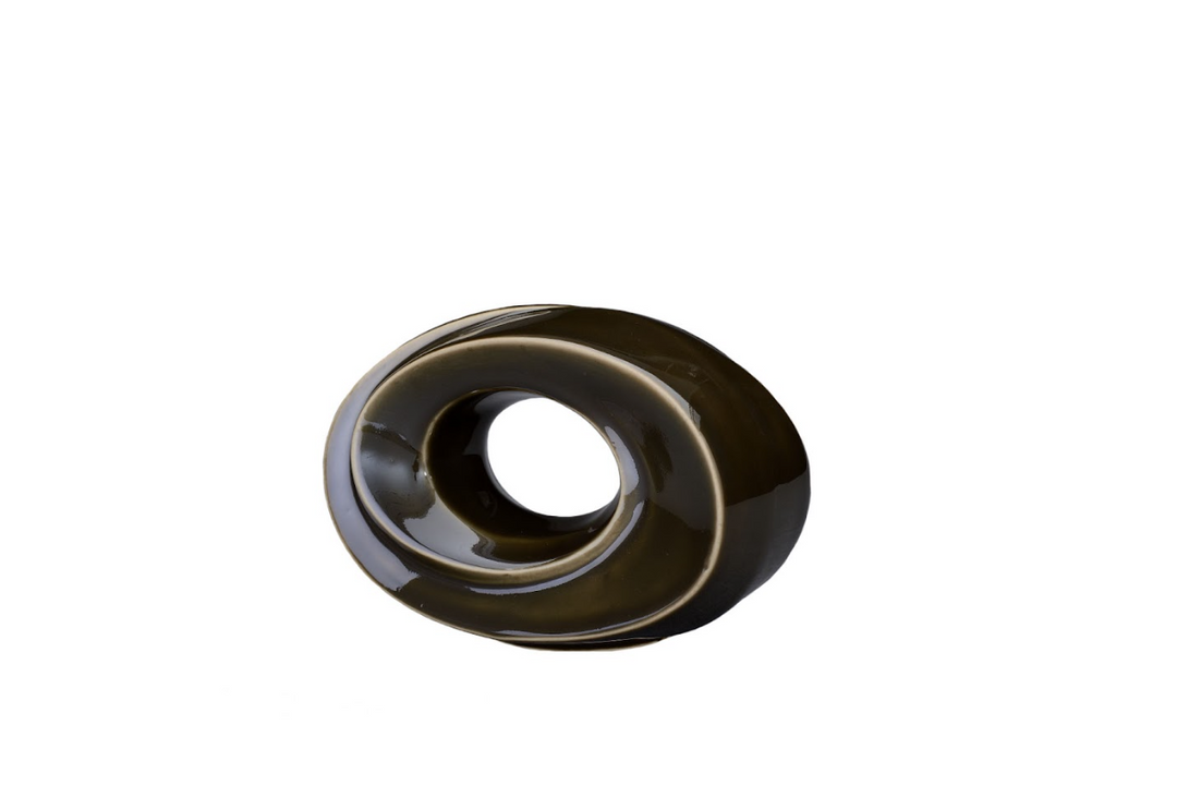 Glossy olive The Passage ceramic urn with a donut shaped hollow center and a built in candle holder.
