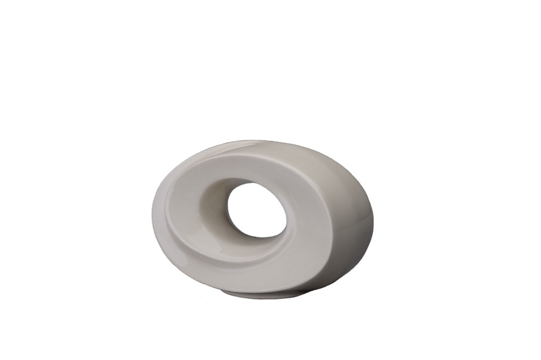 Donut shaped white ceramic urn with a hollow center and smooth glaze