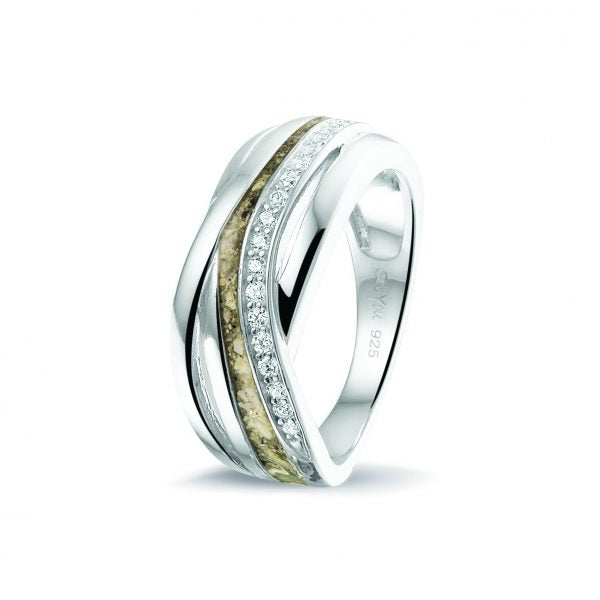 Delicate sterling silver ring with diagonal crystal bands and a resin inlay containing cremation ash.