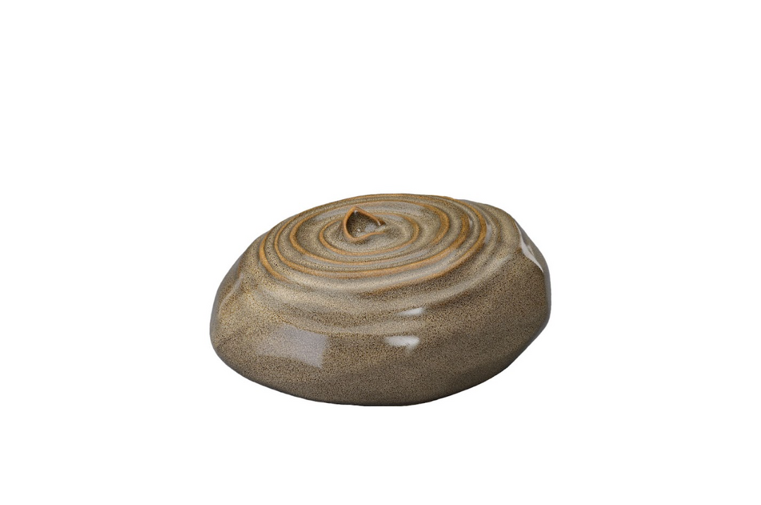 Resonance ceramic urn in warm taupe with concentric spiral ridges and a small central knob on top.