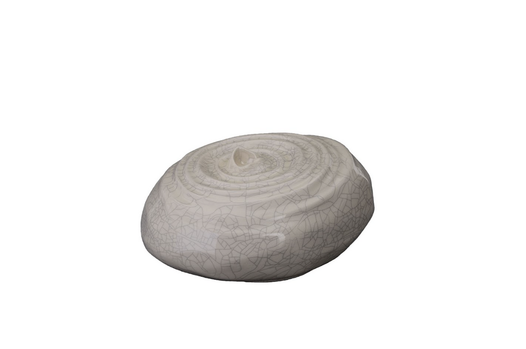 Resonance ceramic urn in white crackle glaze with a spiraled top resting on a clean white background.