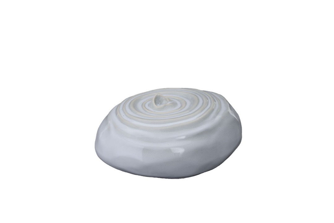 White Resonance ceramic urn with concentric spiral ripple pattern