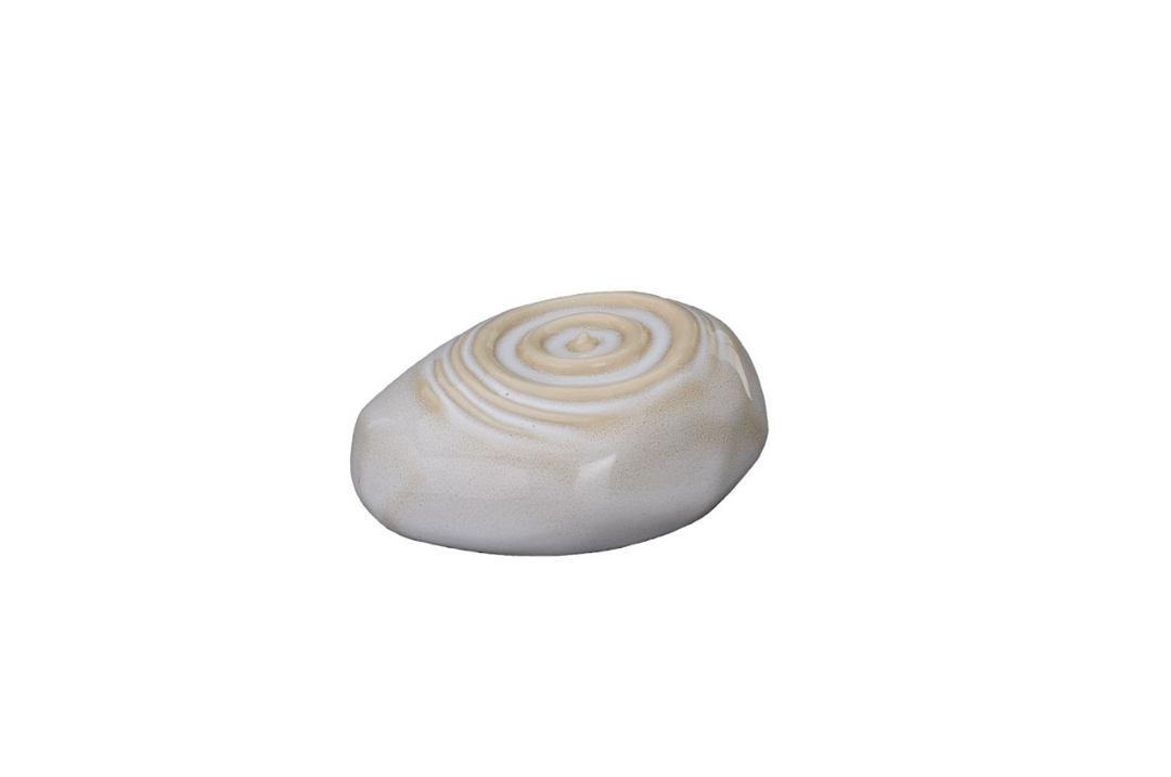 Cream and tan Resonance Ceramic Urn with spiral ripple motif on a smooth pebble form
