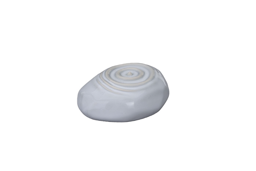 Pale blue gray Resonance ceramic urn in a smooth pebble shape with concentric spiral rings on the top