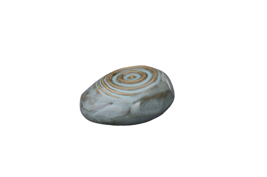 Blue gray Resonance Ceramic Urn with concentric spiral ridges on top in pebble form
