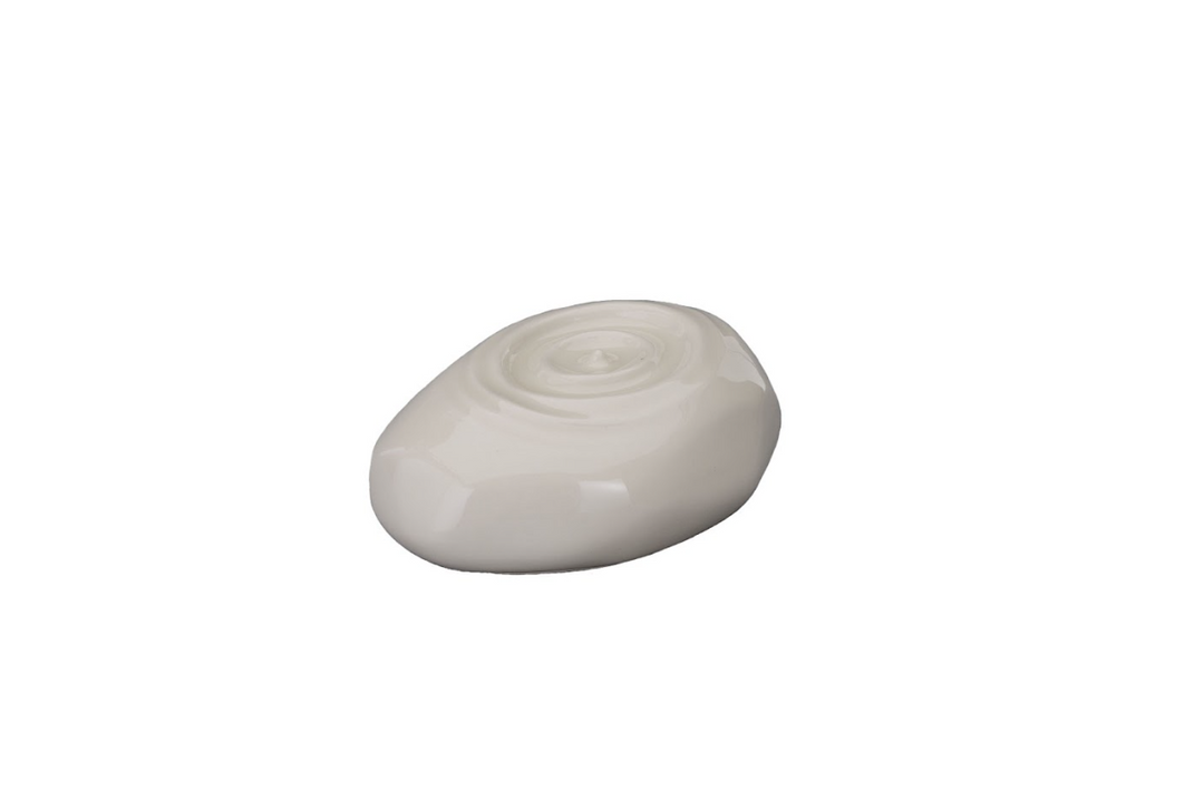 White glossy Resonance Ceramic Urn in smooth pebble shape with spiral swirl on top