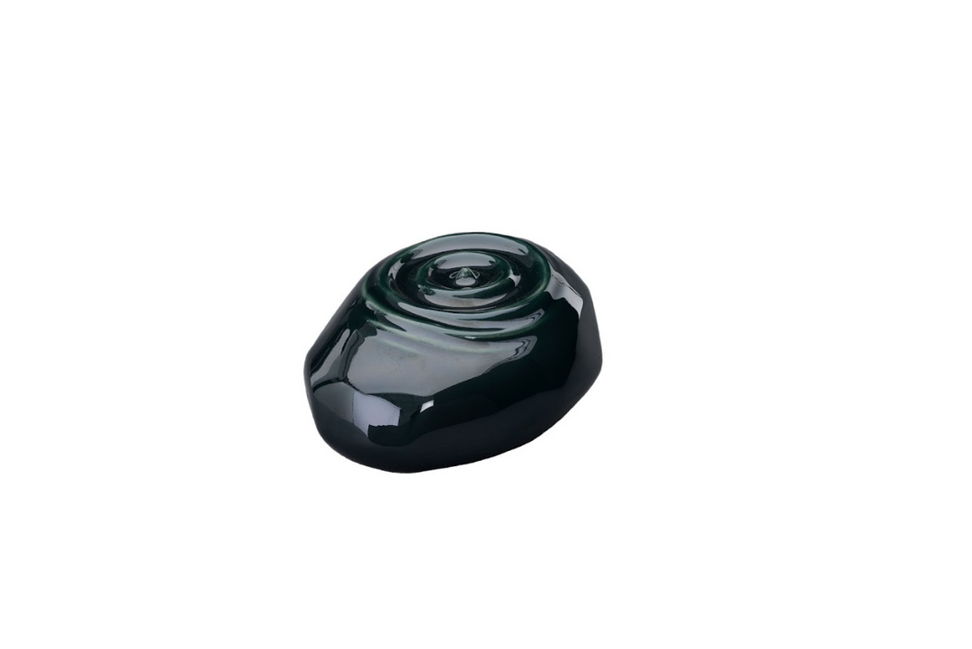 Dark glossy Resonance Ceramic Urn with spiral top detailing in pebble shape