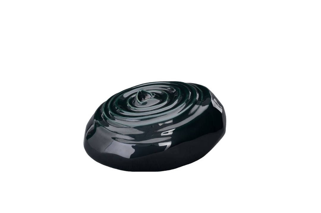 Dark green glossy Resonance ceramic urn with swirling concentric ridges