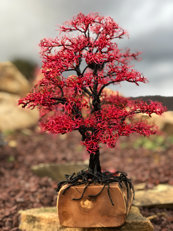Red Maple wire tree perched on a natural wood block base outdoors with no orb.