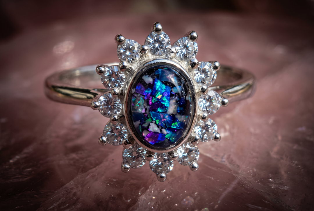 starburst cremation ring on rose quartz