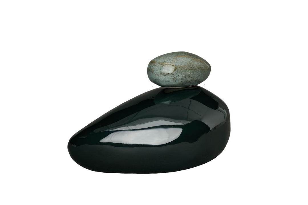 Stone Ceramic Urn with a glossy dark base and a light gray pebble balanced on top