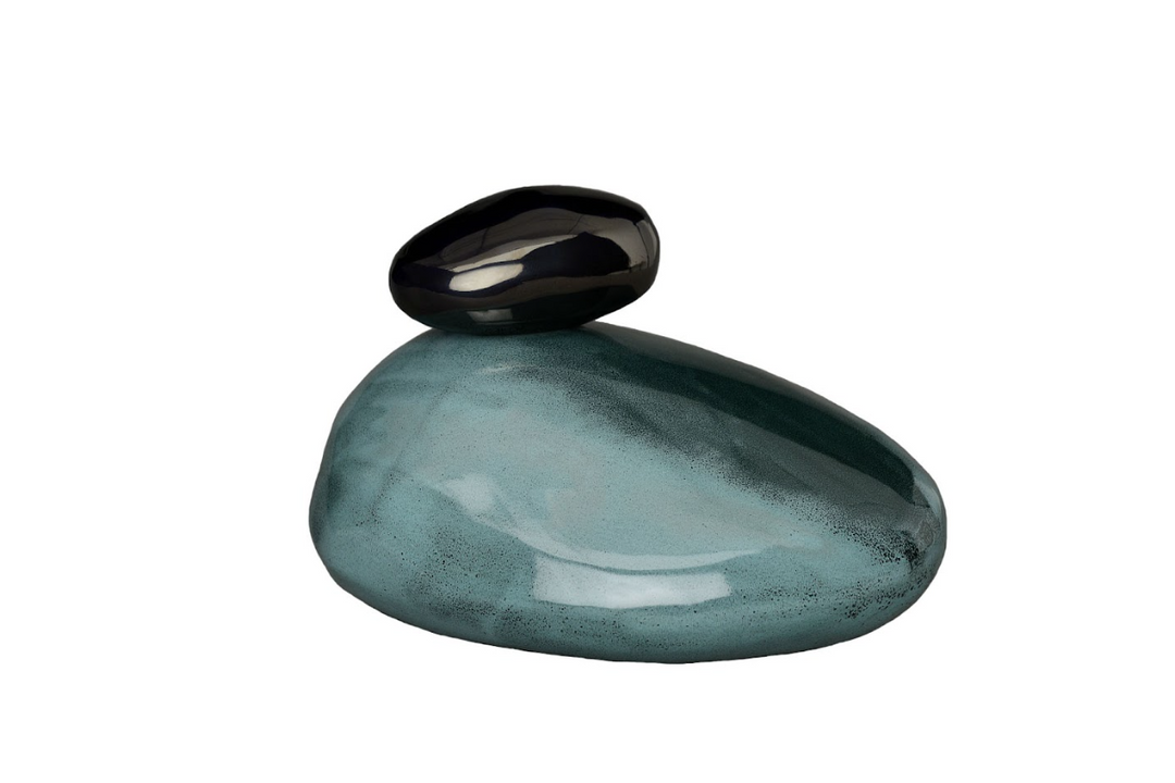 Teal blue Stone Ceramic Urn with a smooth black pebble resting on top