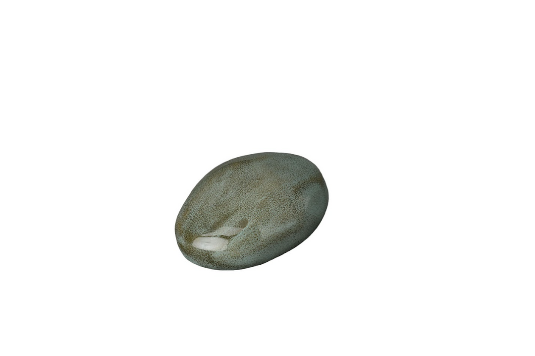Olive green Stone Ceramic Urn with speckled glaze and smooth pebble form bottom filled.