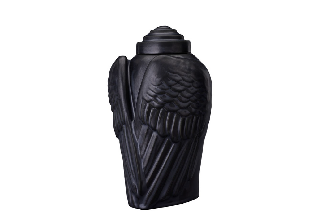 Dark Wings Ceramic Urn with sculpted angel wings and a lid
