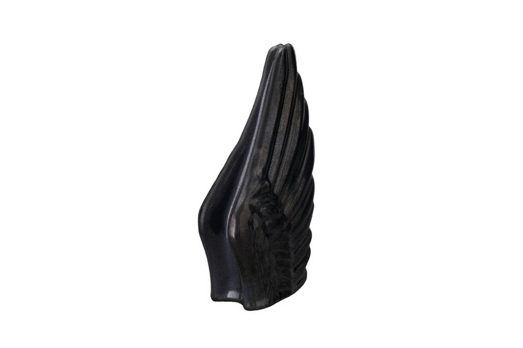 Wings Ceramic Urn in glossy black with flowing winglike forms and feather details