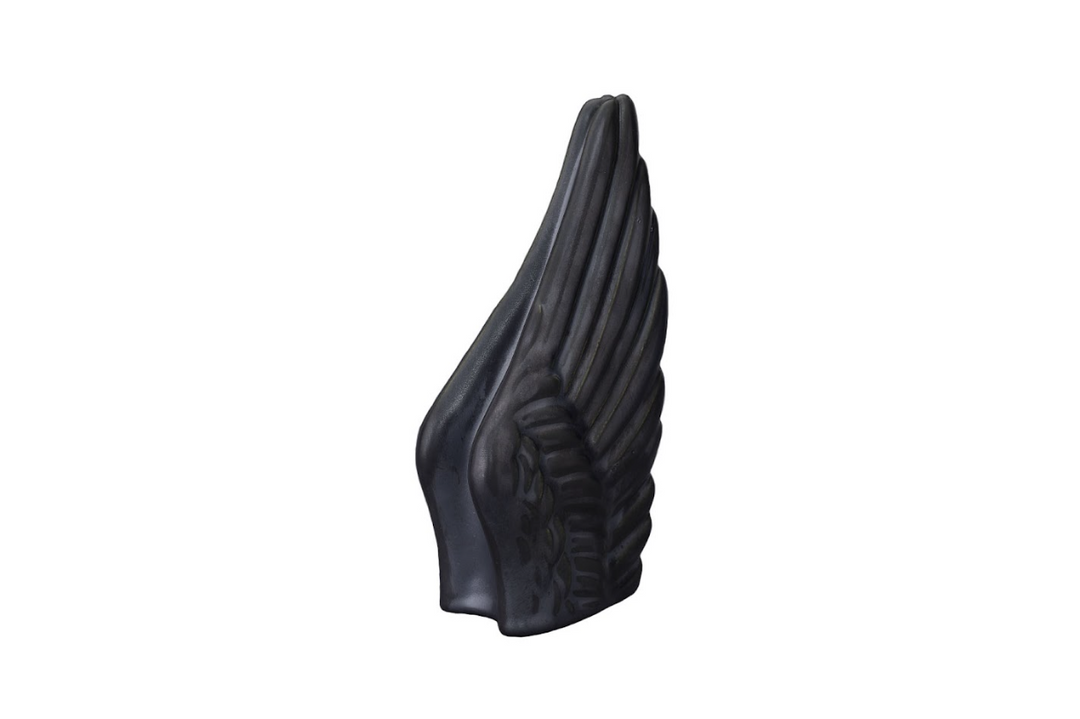 Wings Ceramic Urn in dark blue gray with feathered ridges and elegant wing silhouette