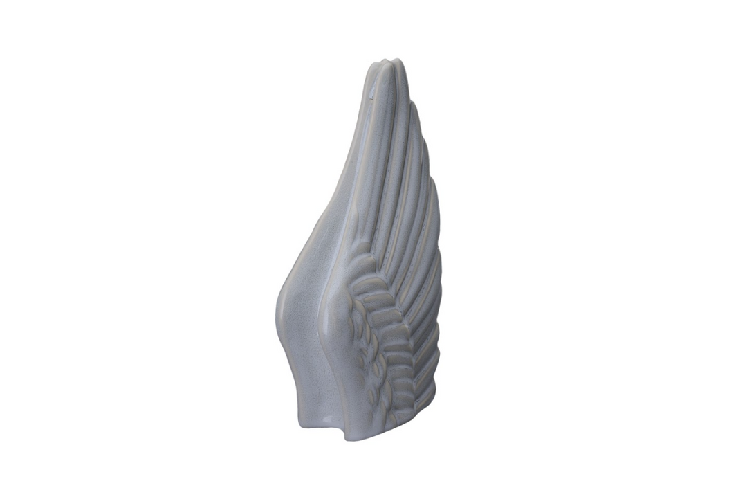 Wings Ceramic Urn in light gray with soft sculpted feathers and smooth curved wing shape