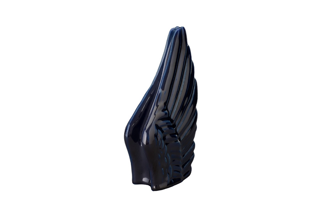 Dark navy Wings Ceramic Urn with glossy winglike folds for memorial display