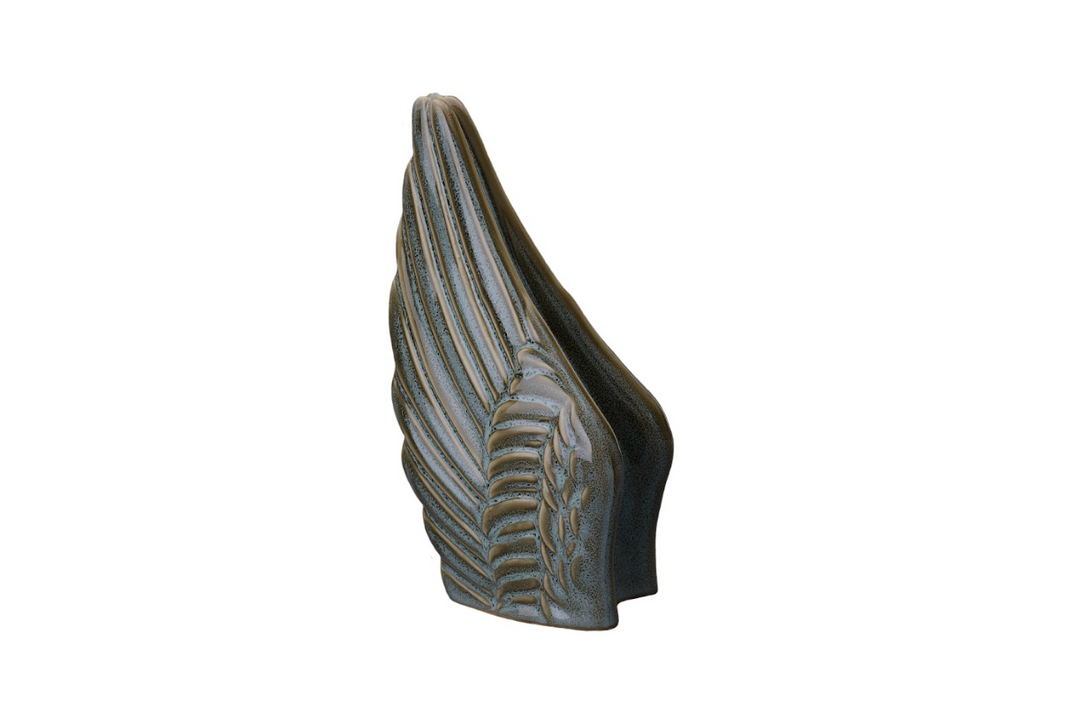 Angels Wings Ceramic Urn in blue glaze with flowing feather ridges