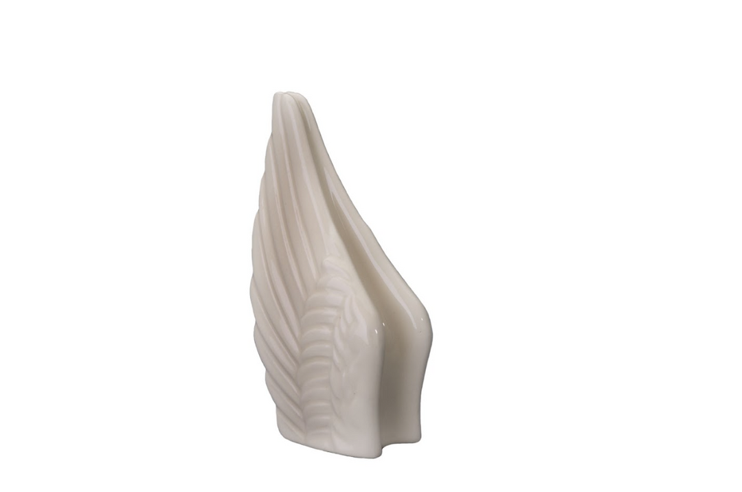 Ivory Wings Ceramic Urn shown in vertical profile with flowing feather details