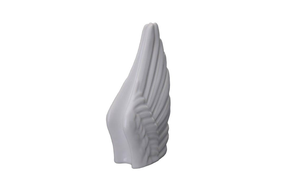 Ivory Wings Ceramic Urn side view featuring bold feather carved texture