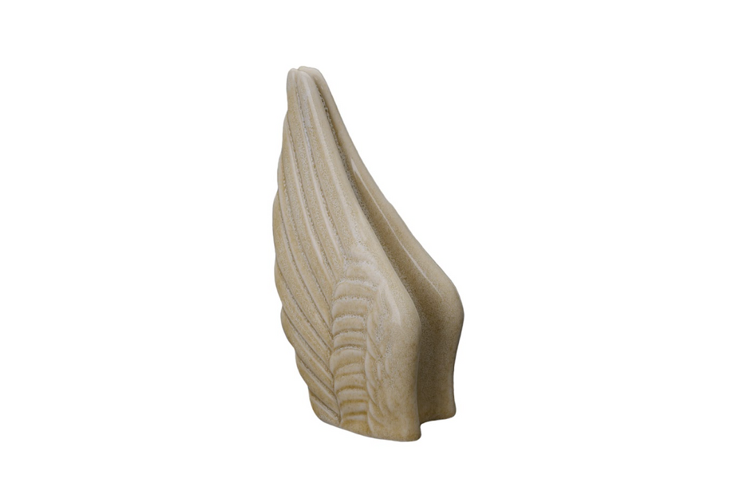Cream Wings Ceramic Urn with feathered wing motif in a soft beige glaze