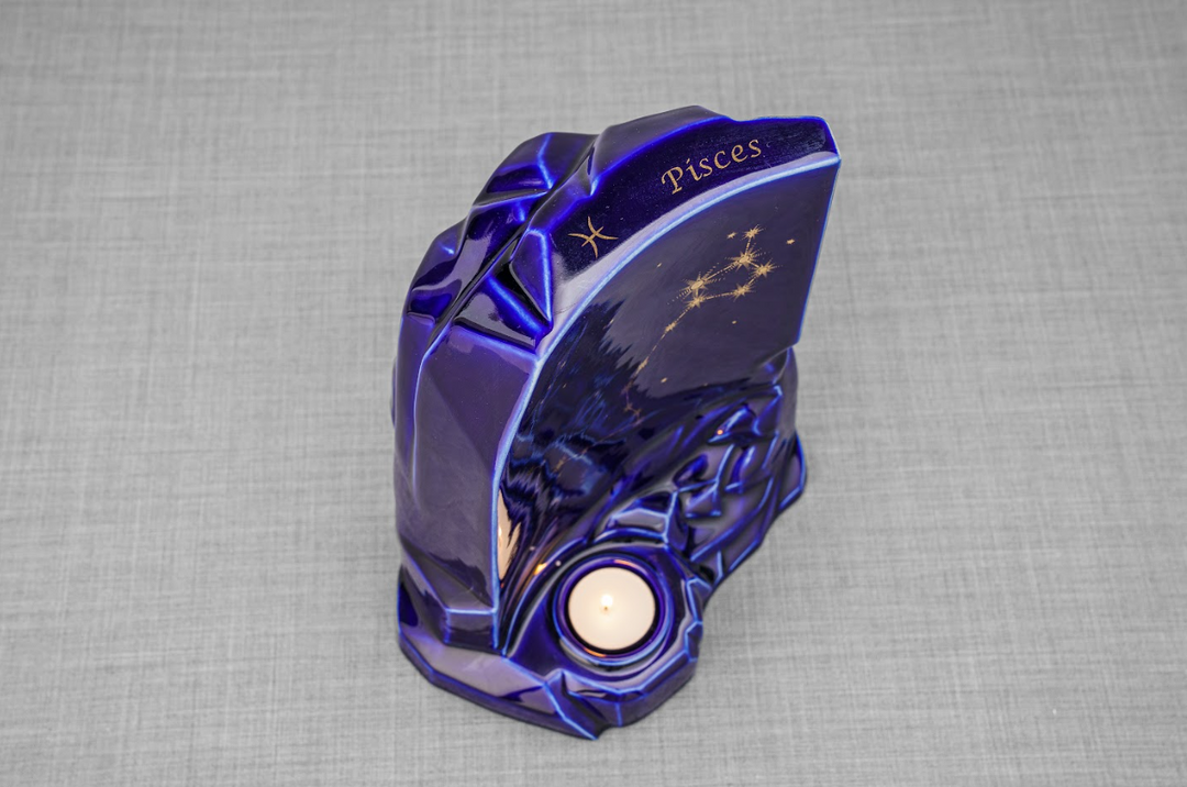 Purple blue Zodiac Urn featuring Pisces constellation and a candle holder at the base against a gray fabric backdrop.