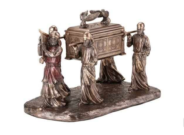 Bronze-toned Ark of the Covenant memorial keepsake urn with four robed figures bearing an ornate chest on a textured base