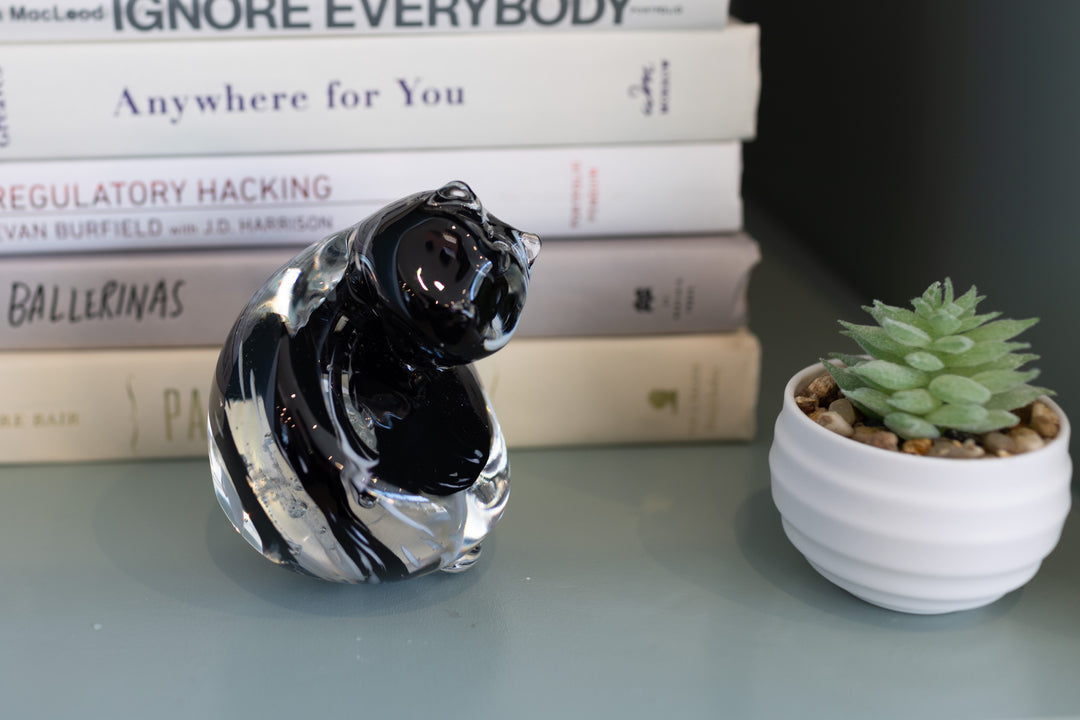 Hand sculpted glass cat infused with cremation ash in black and white