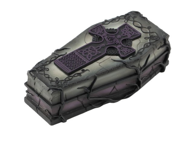Polystone Celtic Cross coffin keepsake urn with purple cross and vine motif along its sides.