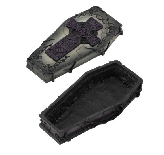 Celtic Cross coffin keepsake urn with lid off, displaying purple cross on the lid and the dark interior.