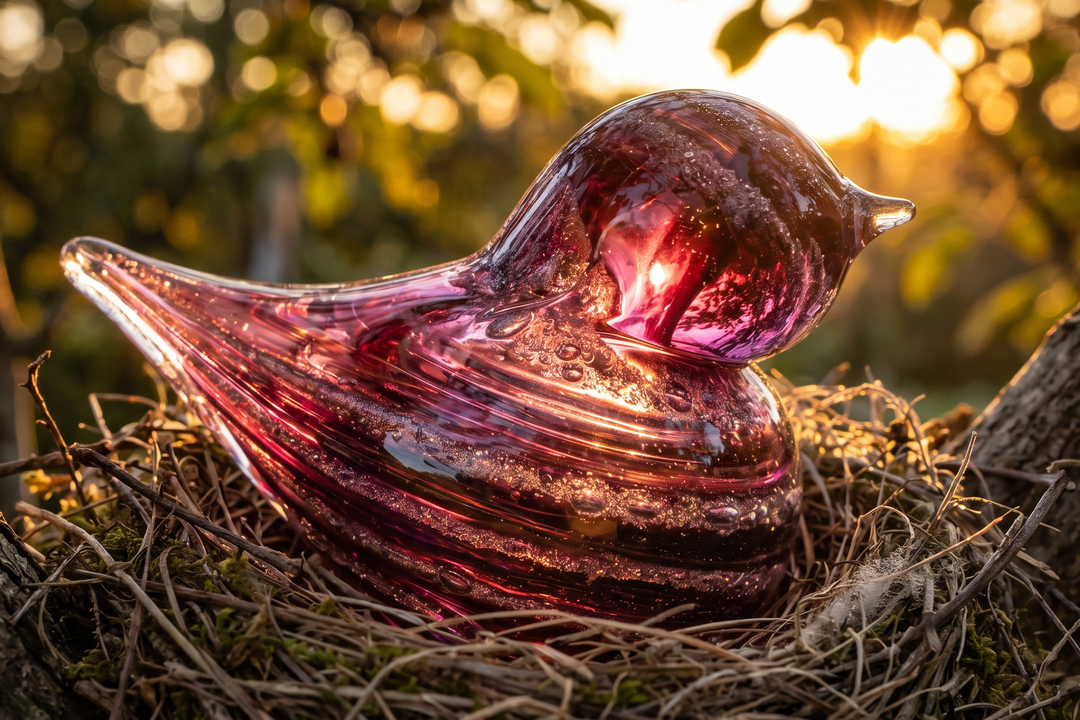 glass bird with cremation ash
