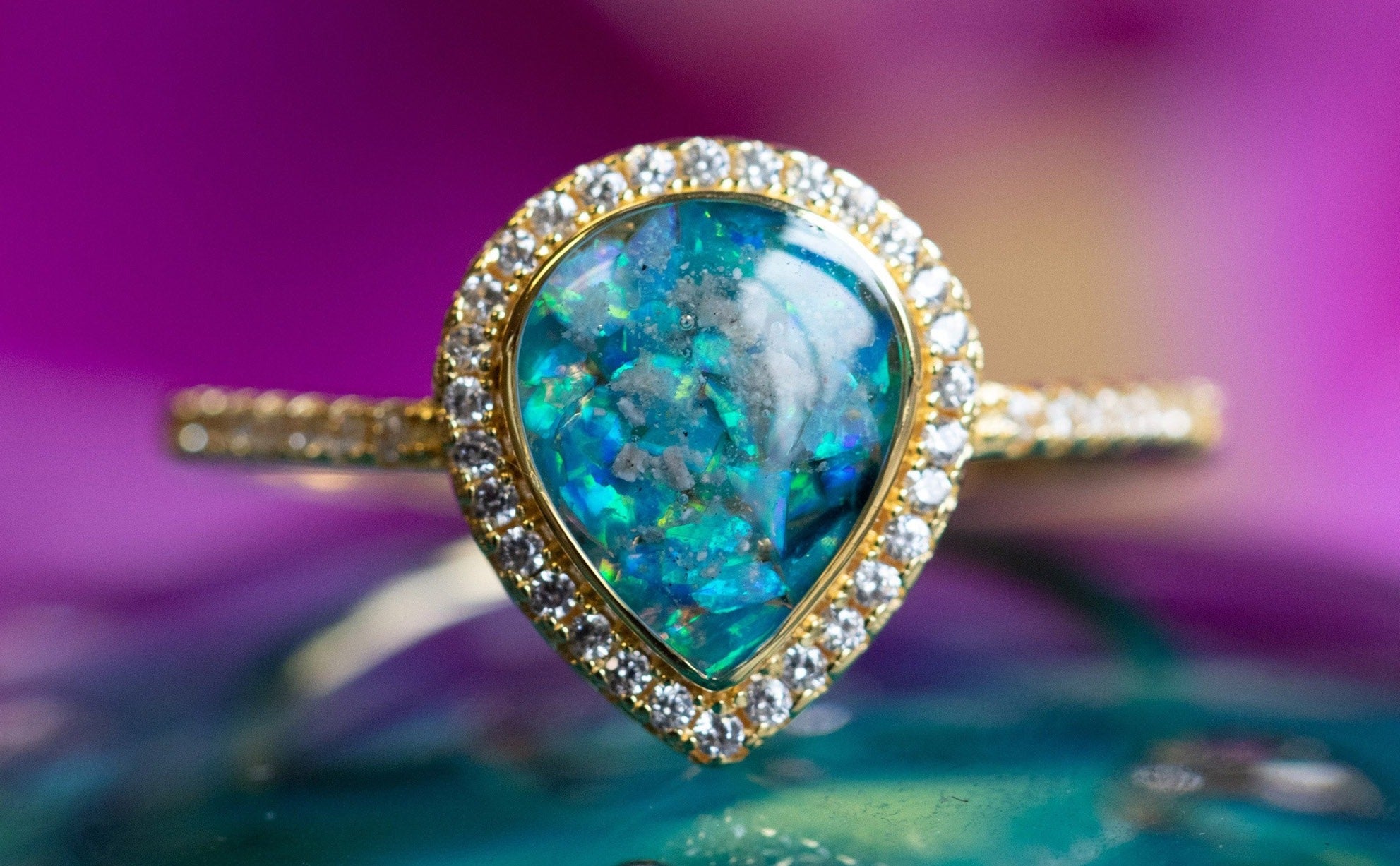 Bedazzled Pear Opal Ring with Cremation Ashes Memorial Glass