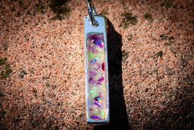cremation bar pendant for ashes from pets and people, in purple, lime green and white