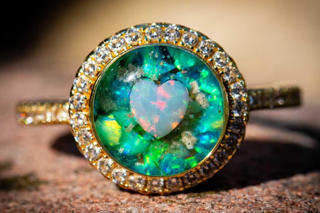 cremation ring with opal for men and women with opal heart, gold plated in turquoise and lime green