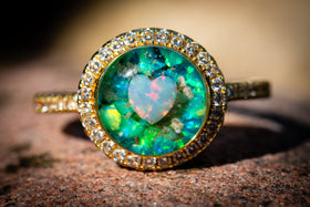 cremation ring with opal for men and women with opal heart, gold plated in turquoise and lime green