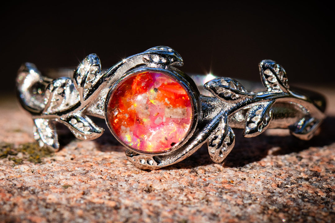 cremation ring leaf themed for women in orange and pink